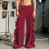 AIDASE  -  Men Pants Solid Color Ruffle Elastic Waist Male Corduroy Pants Streetwear Loose Personality Fashion Casual Trousers Men aidase-shop