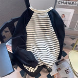 AIDASE  -  American Retro Black White Striped Contrast Sweatshirt Women Chic Hong Kong Style Spring Autumn Vintage Raglan Long-sleeved Top aidase-shop