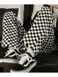 AIDASE  -  Korean Fashion Black White Plaid Pants Women Harajuku Streetwear Wide Leg Checked Trousers For Female Oversized Baggy