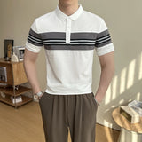 AIDASE  -  Summer New British Slim-Fitting Gray and White Striped Short-Sleeved Polo Shirt Men's T-shirt