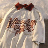 Aidase American Retro Personalized Design Letter Print Polo Short Sleeved Men and Women Loose Summer Student Couple Casual Y2k Top