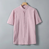 AIDASE  -  Summer Short Sleeve Cotton Linen Shirts Men Solid Casual Stand Collar Shirt Male Breathable Loose Daily Blouse Tops Plus Size aidase-shop