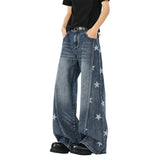 AIDASE  -  Unisex Star Printed Jeans American Style Spring Retro Patchwork Micro Flared Pants High Street Floor Denim Trousers Casual aidase-shop