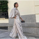 AIDASE  -  Solid Cotton Linen Printed Wide Leg Pants Set Women Casual Daily Bubble Sleeve Shirt Two Piece Suit 2025 New Summer Street Wear aidase-shop