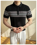 AIDASE  -  Summer New British Slim-Fitting Gray and White Striped Short-Sleeved Polo Shirt Men's T-shirt aidase-shop