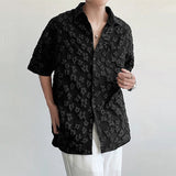 AIDASE  -  Men Shirt Flower Jacquard Loose Korean Style Lapel Short Sleeve Men Clothing Streetwear Fashion Casual Shirts S-5XL aidase-shop