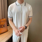 AIDASE  -  Edge Patchwork Knitted Polo Shirts For Men Summer Short Sleeved Versatile T-shirt Fashion Business Leisure Knitted Tshirts aidase-shop