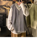 AIDASE  -  Autumn Winter V-neck Knitted Sweater Vest Men Oversized Loose Sleeveless Pullover Tops Men's Korean Warm Sweaters Tank Tops aidase-shop