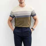 Aidase New Summer Light Mature Wind Ice Silk Round Neck Trend Gradient Contrast Stripes Light Luxury Knit Short Sleeve T-shirt