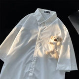 AIDASE  -  Little Bear Decoration Men's Shirt Japanese Solid Color Shorts Sleeve Shirt Summer Loose Casual Male Clothing aidase-shop