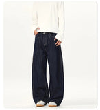 AIDASE  -  American New Fashion Men's Dark Blue Casual Trendy Simple Basic Solid Color Daily Wide Leg Straight Denim Trousers Male Jeans aidase-shop