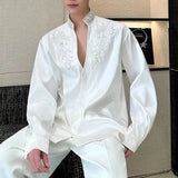 AIDASE  -  Pearl Flower Design Men's Shirts Stand Collar Diamond Solid Color Long Sleeve Cloth Loose Covered Button Male Tops aidase-shop