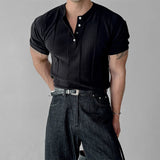 AIDASE  -  New Fashion Men Henry Collar T-Shirt Leisure Luxury Knit Short Sleeve Tops Korean Style Summer Stretchy Breathable Fitness Tees aidase-shop