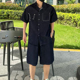 AIDASE  -  Fashion Male Denim Sets Short Sleeve Lapel Shirt Drawstring Shorts Summer New American Style Loose Men Two-piece 21E6480 aidase-shop