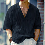 AIDASE  -  Men V Neck Half Sleeve Solid Color Ribbed Knitted Shirts