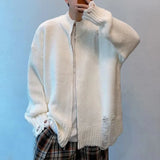 Aidase Mens Autumn Winter Y2k Lazy Style Hollow Ribbed Cardigan Sweater Essential Genderless Trendy Solid Color Zipper Couple Sweater