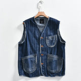 AIDASE  -  Washed Sleeveless Denim Vest Men Multi Pocket Workwear Gilet Loose Casual Jean Waistcoat Daily Outdoor Layering Outer Coat aidase-shop