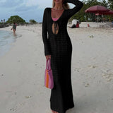 AIDASE  -  Chic Female Solid Tie-up Long Sleeve Hot Robe Dress Sexy Bag Hips Party Dress Women Fishnet Transparent Beach Maxi Dress aidase-shop