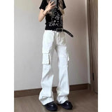 AIDASE  -  Retro White Slim Fit Multi ket Work Trousers Men Women Summer Straight Leg Narrow Version American High Street Vibe Pants aidase-shop