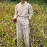 AIDASE  -  Spring Autumn Fashion Men's Polo Shirts Knitted Long Sleeve Button-up Polo Neck Tops Vintage Solid Color Mens Pullover Tops aidase-shop