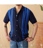 AIDASE  -  Versatile Men Shirt Striped Spliced Decoration Breathable Short Sleeved Knitted Cardigan Design Casual Clothing aidase-shop