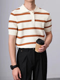 AIDASE  -  Stylish Striped Knitted Polo Shirt Men Vintage Buttoned Lapel Jumpers Summer Stylish Mens Short Sleeve Slim Polos Knitting Tops aidase-shop