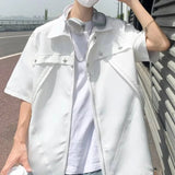 AIDASE  -  American Style Male Shirts Loose Chic Lapel Versatile Short Sleeve Zipper Shirt Metal Decoration Solid Color Shirt 21E6870 aidase-shop