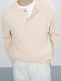 AIDASE  -  Casual Buttoned Crew Neck Knit Jumper Tops Men Vintage Knitting Sweaters Trendy Mens Autumn Long Sleeve Solid Color Sweater