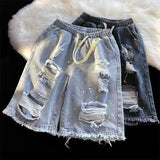 AIDASE  -  Men's New Style Loose Street Hip-hop Paint Point Five-point Ripped Denim Shorts aidase-shop