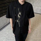 AIDASE  -  New Chinese Style Embroidery Short Sleeve Shirt Men Wear Bamboo Leaf Pattern Shoulder Pad Male Shirts Loose Fit aidase-shop