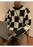 Winter Korean Fashion Mens Pullovers Checkerboard Plaid Sweater Thick Warm Cashmere Sweater Men Luxury Patchwork Pull Homme aidase-shop