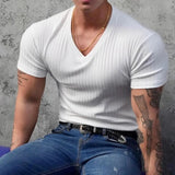 AIDASE  -  Classic V Neck Solid Color Ribbed Basic T Shirts Men's Slim Short Sleeve Strech Sports Tees Men Clothes Summer Fashion Pullovers aidase-shop