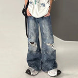 AIDASE  -  American Style High Street Ripped Jeans Men's Loose Wide Leg Floor Length Pants Fashionable Straight-leg Trousers aidase-shop