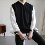 AIDASE  -  New Mens Sweater Vest Spring Sleeveless Loose Solid Color Simple V Neck Sweater Men Korean Fashion Harajuku Pullover Vest aidase-shop