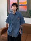AIDASE  -  Summer New American High Street Vintage Waed Denim irt Men ort Sve Couple Retro Casual Loose Trendy Button up Top aidase-shop