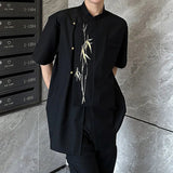 AIDASE  -  New Chinese Style Shirt Men Wear Bamboo Leaf Pattern Embroidery Short Sleeve Shoulder Pad Male Shirts Loose Fit 9W3086 aidase-shop