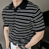 Aidase Summer Men's Casual Business Luxury V Neck Knit Polo Shirt Korean Striped Short Sleeve Retro Breathable Fashion Leisure Knitwear