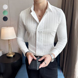 Aidase Men's Solid Color Long-Sleeved Shirt Fashionable Elegant Double-Breasted Ball Nightclub Tops Striped Lapel Shirt
