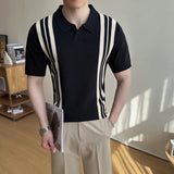 AIDASE  -  Summer Slim Fit Striped Contrast Knit Ice Polo Shirt Men's Stretchable Short Sleeve T-Shirt M-4XL aidase-shop
