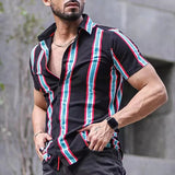 AIDASE  -  Daily Leisure Mens Button Shirts Vintage Short Sleeve Turn-down Collar Shirt Tops Men Spring Summer Casual Striped Print Shirts aidase-shop