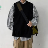 Aidase  Autumn Men's Vintage Fashion Solid Knitted Vest Vest Trendy Sleeveless Loose Relaxed Comfortable Versatile Sweater aidase-shop