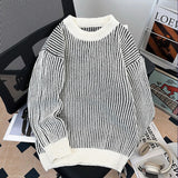 AIDASE  -  Autumn Winter Male Striped Sweater Round Neck Versatile Lazy Style Loose Drop Shoulder Men Knitted Pullover Tops 21E7594