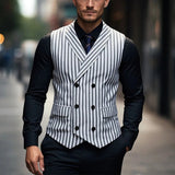 AIDASE  -  Trendy Slim Fit Mens Waistcoats Spring Casual Turn-down Collar Double-breasted Vest Jacket For Men Autumn Vintage Striped Coats aidase-shop
