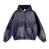 Aidase Men's Oversize Long Sleeve Washed Double Zipper Cardigan Hoodies Loose Plus Plush Gradient Women's Hooded Pullovers Winter aidase-shop