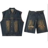 AIDASE  -  Summer New Men Tide Punk Vintage Style Washed Denim Vest Torn Shorts Set Hip Hop Trend High Street Sleeveless Jacket aidase-shop