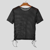 AIDASE  -  Men T Shirt Mesh Transparent O-neck Short Sleeve Lace Up Male Tee Tops Streetwear Summer 2025 Fashion Sexy Men Clothing aidase-shop
