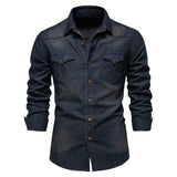 AIDASE  -  Spring Autumn Vintage Solid Men Washed Denim Shirt Causal Full Sleeve Turn Down Collar Single Breasted Multi Pockets Shirts Man aidase-shop