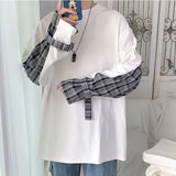 AIDASE  -  Stylish O-Neck Spliced Loose Korean Plaid T-Shirt Men Clothing Spring New Casual Pullovers Long Sleeve All-match Tee Shirt