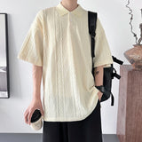 AIDASE  -  Textured Knit Men's T-Shirt Turn-down Collar Breathable Short Sleeve Tees Simple Solid Color Casual All-match Tops 21E6526