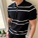 AIDASE  -  Daily Leisure Mens Slim Polo Shirts Knitted Short Sleeve Buttoned Turn-down Collar Polo Shirt Summer Casual Striped Knitting Top aidase-shop